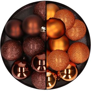 24x stuks kunststof kerstballen mix van donkerbruin en oranje 6 cm - Kerstversiering