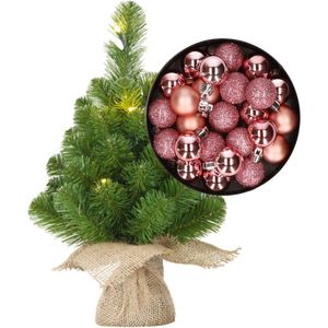 Mini kerstboom/kunstboom met verlichting 45 cm en inclusief kerstballen roze - Kerstversiering