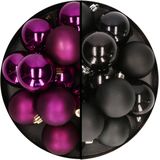 Kerstballen 24x st - mix zwart/paars - 6 cm - kunststof - kerstversiering