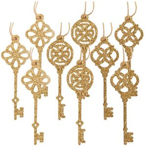 18x stuks sleutels kersthangers glitter goud van hout 10,5 cm kerstornamenten - Kerstboomversiering - Kerstornamenten
