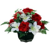 Louis Maes Kunstbloemen plantje in pot - kleuren rood/wit - 25 cm - Bloemstuk ornament - orchidee/rozen met bladgroen