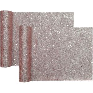 Santex Kerstdiner glitter tafelloper op rol - 2x - rose goud - 28 x 300 cm - polyester