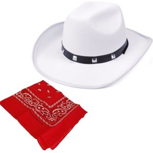 Cowboy verkleed set Cowboyhoed wit met rode western zakdoek