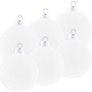 6x Witte Cotton Balls kerstballen 6,5 cm - Kerstversiering - Kerstboomdecoratie - Kerstboomversiering - Hangdecoratie - Kerstballen in de kleur wit