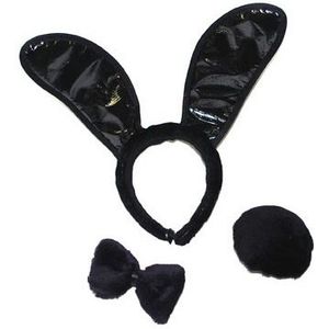 Zwart bunny verkleed setje 3-delig voor dames - konijnen oortjes/staart en strikje