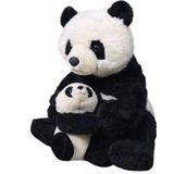 Pluche zwarte panda met jong knuffel 38 cm - Panda Beren  knuffels - Speelgoed voor kinderen