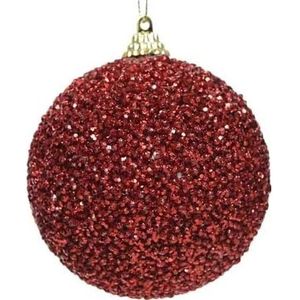 8x Kerst rode glitter/kralen kerstballen 8 cm kunststof - Onbreekbare kerstballen - Kerstboomversiering rood