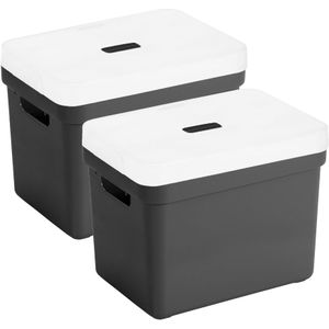 Set van 2x opbergboxen/opbergmanden zwart van 18 liter kunststof met transparante deksel 35 x 25 x 24 cm