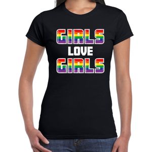 Bellatio Decorations Gay Pride shirt - girls love girls - regenboog - dames - zwart