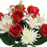 Louis Maes kunstbloemen boeket roos/orchidee/chrysant - rood/wit - H36 cm - Bloemstuk - Bladgroen