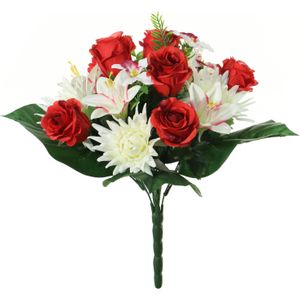 Louis Maes kunstbloemen boeket roos/orchidee/chrysant - rood/wit - H36 cm - Bloemstuk - Bladgroen