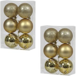 12x Gouden kunststof kerstballen 8 cm - Glans/mat/glitter - Onbreekbare plastic kerstballen goud