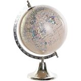 Decoratie wereldbol/globe lichtroze/zilver op metalen voet/standaard 40 x 22 cm - Iriserend effect -  Landen/continenten topografie