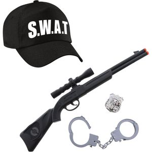 Carnaval verkleed speelgoed SWAT team politiepet zwart voor kinderen met geweer/handboeien/badge