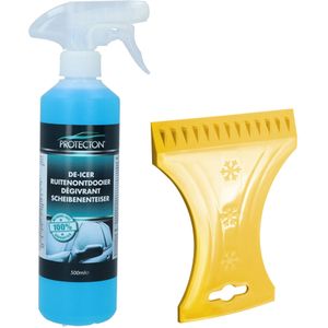 Ijskrabber met antivries spray voor auto - 500 ml - geel - ruitenontdooier