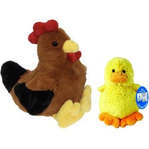 Pluche bruine kippen/hanen knuffel van 25 cm met geel pluche kuiken 16 cm - Paas/pasen decoratie