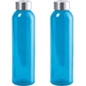 2x Stuks glazen waterfles/drinkfles blauw transparant met Rvs dop 550 ml - Sportfles - Bidon