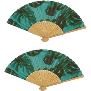 Spaanse handwaaier - 2x - Tropische zomer kleuren print groene bomen - bamboe/papier - 21 cm