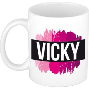 Vicky  naam cadeau mok / beker met roze verfstrepen - Cadeau collega/ moederdag/ verjaardag of als persoonlijke mok werknemers