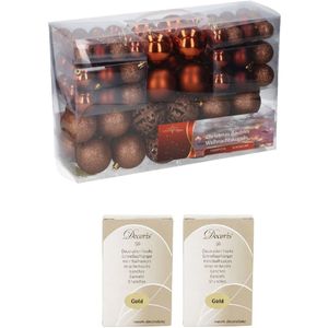 Pakket met 100x bruine kunststof kerstballen 3, 4, 6 cm met kerstbalhaakjes - Kerstboomversiering/kerstversiering
