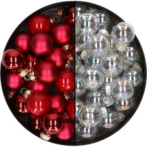Mini kerstballen - 48x st - transparant parelmoer en rood - 2,5 cm - glas