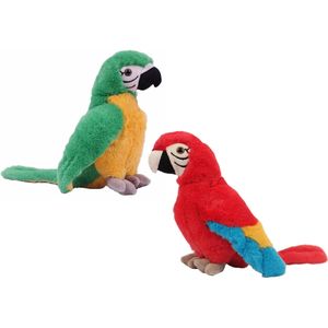 Pia Soft toys Knuffeldier Papegaaien - set 2x - zachte pluche stof - knuffels - groen/rood - 24 cm