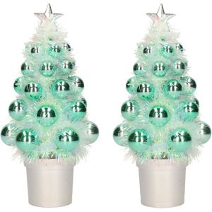 6x Mini kunst kerstboompje mint groen met kerstballen 19 cm - Kerstversiering - Kunstboompje