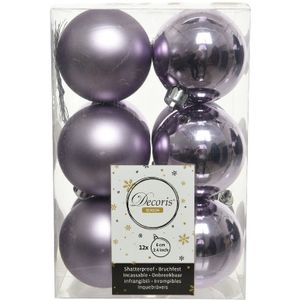 12x Lila paarse kunststof kerstballen 6 cm - Mat/glans - Onbreekbare plastic kerstballen - Kerstboomversiering lila paars