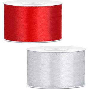 Sierlinten/cadeaulinten/satijnen linten - Set 2x stuks - rood en zilver - 38 mm x 25 meter