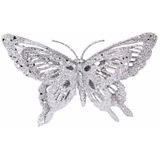6x stuks kerstboomversiering zilveren glitter vlinder op clip 15 cm