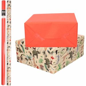 8x Rollen kraft inpakpapier jungle/oerwoud pakket - dieren/rood 200 x 70 cm - cadeau/verzendpapier