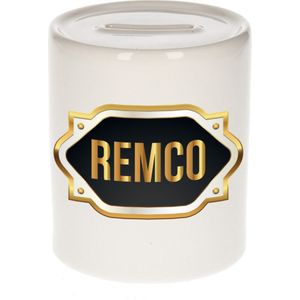 Remco naam cadeau spaarpot met gouden embleem - kado verjaardag/ vaderdag/ pensioen/ geslaagd/ bedankt