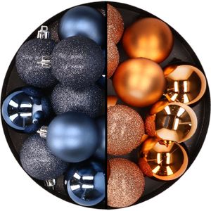 24x stuks kunststof kerstballen mix van donkerblauw en koper 6 cm - Kerstversiering