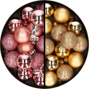 Kerstballen 34x st - 3 cm - roze en goud - kunststof