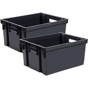 3x stuks kunststof opbergkratten stapelbaar zwart L44 x B35 x H24 cm - 30 liter - Stapelbare kratten