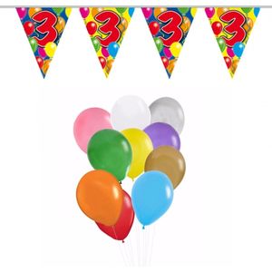 Folat - Verjaardag 3 jaar feest thema set 50x ballonnen en 2x leeftijd print vlaggenlijnen