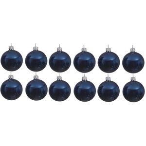 12x Donkerblauwe glazen kerstballen 10 cm - Glans/glanzende - Kerstboomversiering donkerblauw
