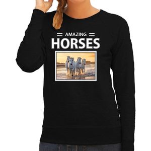Dieren foto sweater wit paard - zwart - dames - amazing horses - cadeau trui witte paarden liefhebber