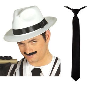 Carnaval verkleed set compleet - gangster/maffia hoedje met stropdas - wit/zwart - volwassenen - verkleedkleding