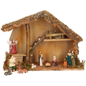 Complete kerststal met 11x st kerststal beelden - 42 x 19 x 30 cm - hout/polyresin