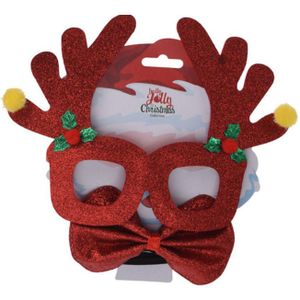 Rode kerst feestbril met vlinderstrikje 17 cm Kerstaccessoires - Kerst verkleedaccessoires - brillen/kerstbrillen met vlinderstrik