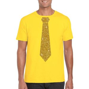 Geel fun t-shirt met stropdas in glitter goud heren