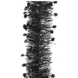 Zwarte sterren kerstslingers 10 cm breed x 270 cm kerstversiering - Guirlandes folie lametta - Zwarte kerstboom versieringen