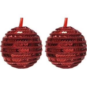 2x Kerst rode kunststof kerstballen 8 cm - Pailletten/sequin -  Onbreekbare plastic kerstballen - Kerstboomversiering kerst rood