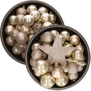 70x stuks kunststof kerstballen met ster piek parel/champagne mix 5, 6 en 8 cm - Kerstversiering