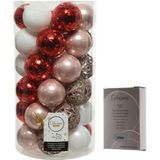 Kerstversiering mix pakket kunststof kerstballen lichtroze/rood/wit 37x stuks 6 cm met zilverkleurige ophanghaakjes