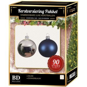 Kerstballen set 90-delig voor 150 cm boom - Zilver met  donker blauwe Kerstversiering