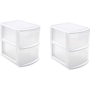 Set van 2x stuks ladeblokken/bureau organizers met 2 lades wit/transparant - 39 x 29 x 40 cm - Ladeblokken/organiserss kantoorartikelen/benodigdheden