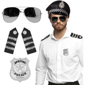 Carnaval verkleed set - politiepet - zwart - met epauletten/badge/zonnebril - heren/dames