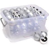 Opbergboxen/opbergdozen met 70 kunststof kerstballen zilver - Kerstboomversiering